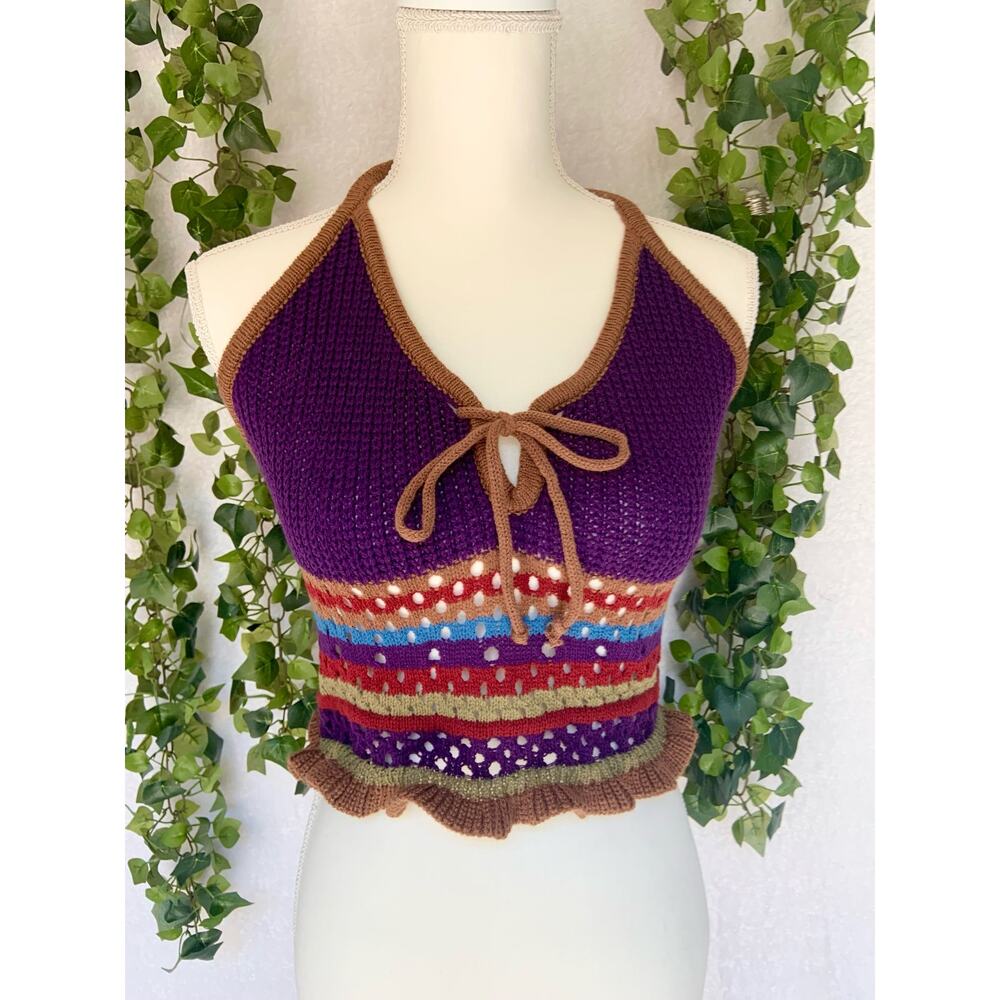 Hippie Striped Pattern Tie Front Halter Knit Top Women's Medium
